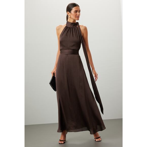 SACHIN & BABI Brown Sleeveless Tie Neck Banded Waist Kayla A-Line Gown Size 0 - Picture 1 of 14